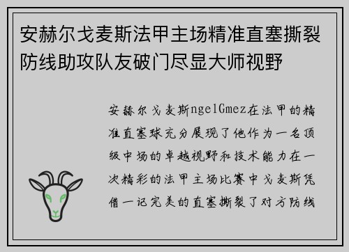 安赫尔戈麦斯法甲主场精准直塞撕裂防线助攻队友破门尽显大师视野
