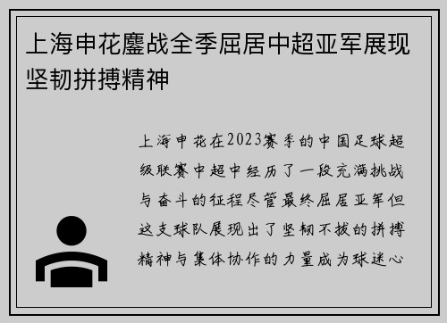 上海申花鏖战全季屈居中超亚军展现坚韧拼搏精神
