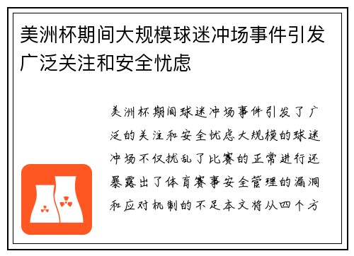 美洲杯期间大规模球迷冲场事件引发广泛关注和安全忧虑